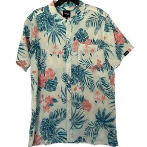 Reel Life 2XL Tropical Floral Hibiscus Button Down Shirt - Teal/Salmon